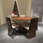 Faceted Pedestal Dining Table with High-Gloss Amber Burl Wood Top